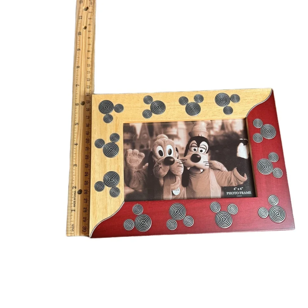Disney Parks Mickey Mouse Wood Photo Frame 4x6 Red Natural Silver Spirals